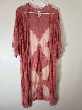 Sheer Lace Kimono Robe in Dusty Rose